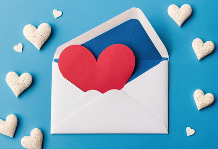 Envelope with red paper heart and white hearts on blue backgroundの素材