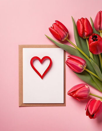 Bouquet of tulips and greeting card with red heart on pink backgroundの素材