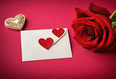 Red rose and a white envelope with two hearts on a red backgroundの素材