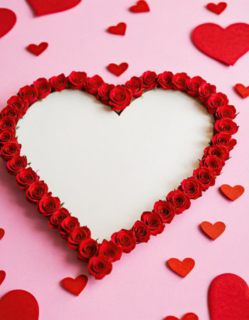 Valentine's day background with red roses and white paper heartの素材