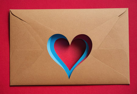 Envelope with a blue heart on a red background. Valentine's Dayの素材