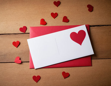 valentine's day concept with envelope and red hearts on wooden backgroundの素材