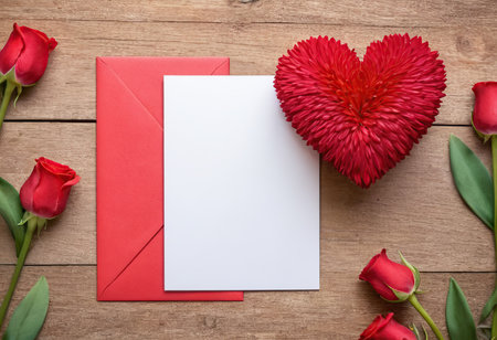 Valentine's day background with red roses, red envelope and card on wooden tableの素材