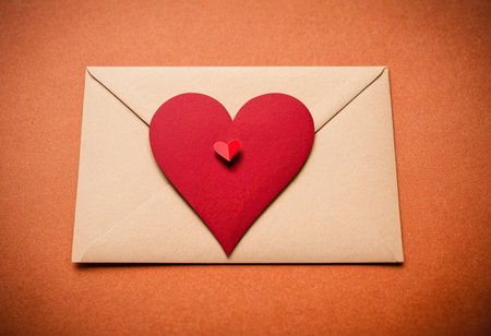 Envelope with a red heart on a brown background. Valentine's day concept.の素材