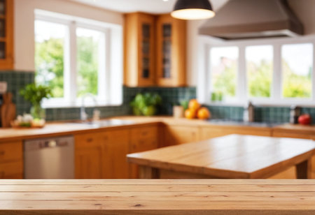 Wooden table in front of blurred kitchen interior background, product display montageの素材