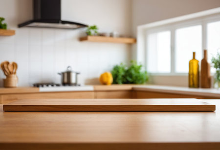 Empty wooden table in modern kitchen interior. Mock up for display of productの素材