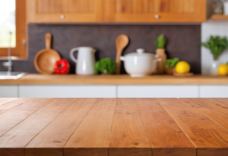 Empty wooden table and blurred kitchen background, product display montage.の素材