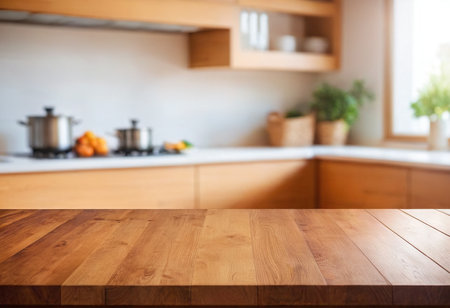 Empty wooden table and blurred background of kitchen interior. For product displayの素材