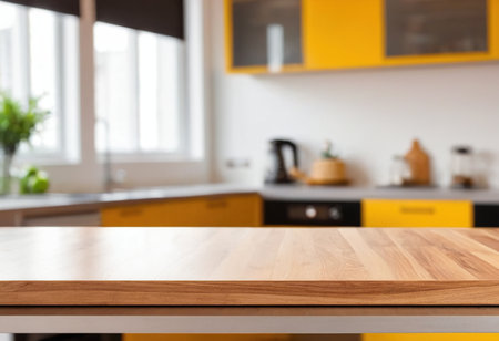 Empty wooden table and blurred kitchen interior background, product display montageの素材