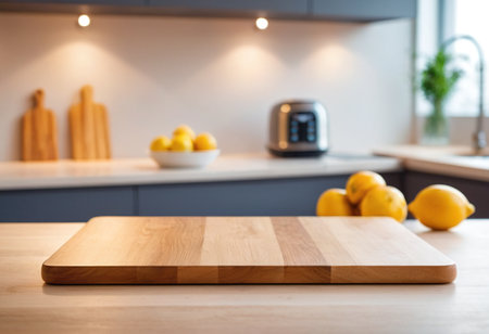 Empty wooden table and blurred kitchen background. For product display montageの素材