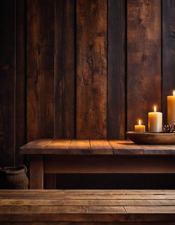 Wooden table and candles on dark wooden background. Copy space.の素材