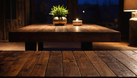 Empty wooden table in a pub or restaurant with candles and flowers.の素材