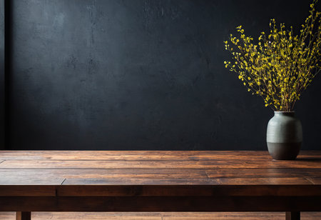 Empty wooden table and vase of yellow flowers on black wall backgroundの素材