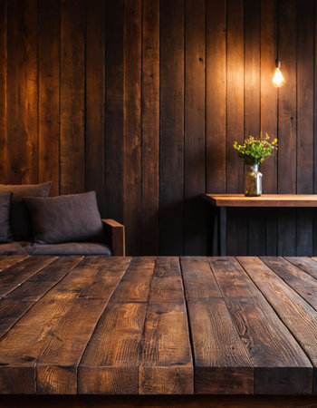 Empty wooden table and chair in coffee shop background. For product displayの素材