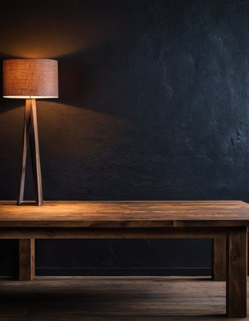 Wooden table and lamp on dark wall background. Mock up, 3D Renderingの素材