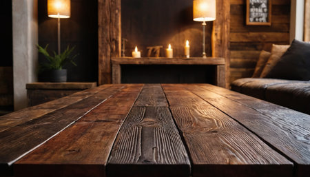 Wooden table in front of dark wooden wall background, stock photoの素材