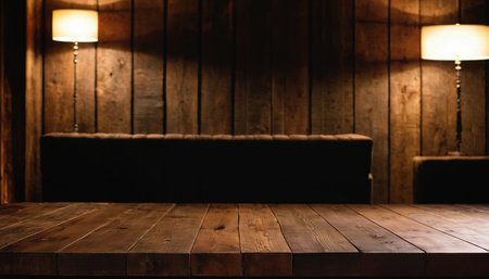 Empty wooden table and blurred background of cafe or restaurant. For product displayの素材