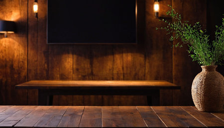 Empty wooden table in front of dark wooden wall with lamp and plant.の素材