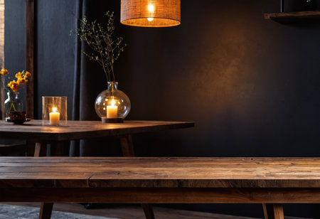 Wooden table and candles in dark room. Mockup for designの素材