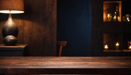 Empty wooden table in front of abstract blurred background of bar or pubの素材