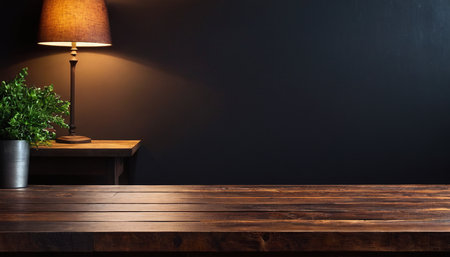 Empty wooden table and lamp in dark room. Mock up, 3D Renderingの素材