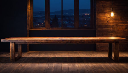 Wooden bench and window at night with a view of the city.の素材