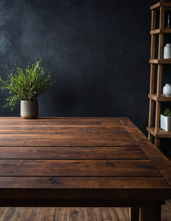 Wooden table and plant in vase on dark wall background.の素材