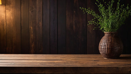 Empty wooden table and plant in vase on wooden wall background.の素材