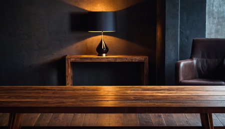Wooden table and lamp in modern living room with black wall backgroundの素材