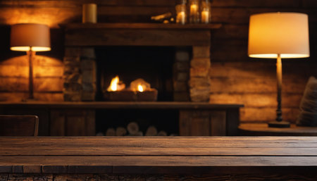 Wooden table in front of fireplace with bokeh background.の素材