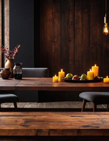 Wooden table with vase of fruit and candles in dark roomの素材