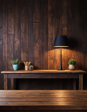 Wooden shelf with lamp and plant in vase on wooden wallの素材