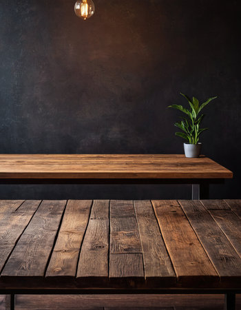 Empty wooden table and dark wall background, product display montage.の素材
