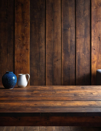 Empty wooden table and teapot on wood wall background. For product displayの素材