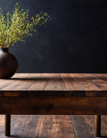 Wooden table and vase with green plant on dark background.の素材