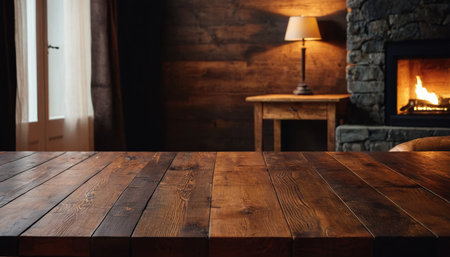 Empty wooden table for product placement in front of a fireplace in a country houseの素材