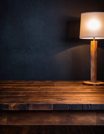 Wooden table and lamp in front of dark wall, vintage styleの素材
