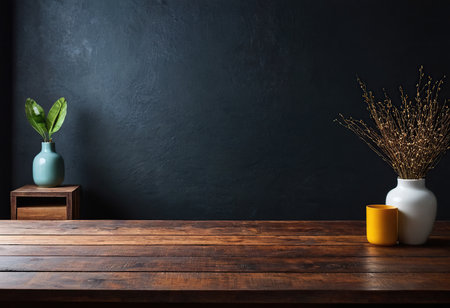 Empty wooden table and vase with plant on dark wall background.の素材
