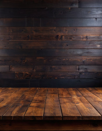 Empty wooden table for product placement or installation with copy space.の素材