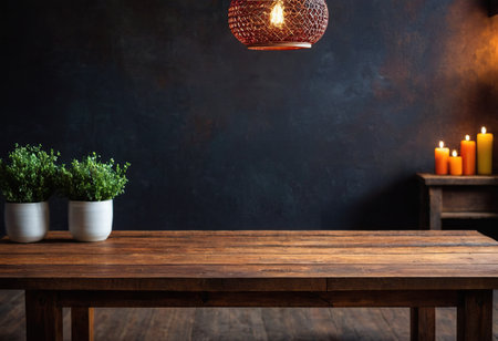 Empty wooden table in front of dark wall background. For product displayの素材