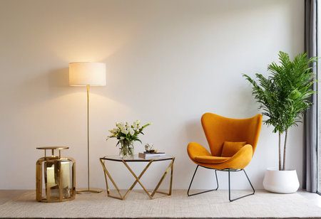 interior of modern living room with yellow armchair, lamp and plantの素材