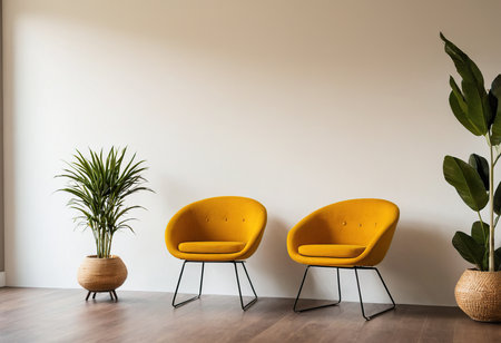 Modern interior with yellow armchairs and plant. Minimalist conceptの素材