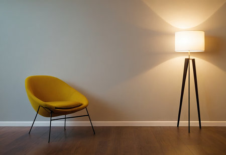 Yellow armchair and floor lamp on white wall. 3d renderingの素材