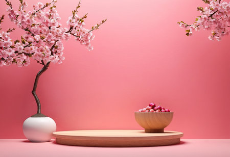 3d render of product display podium and cherry blossom branch on pink backgroundの素材