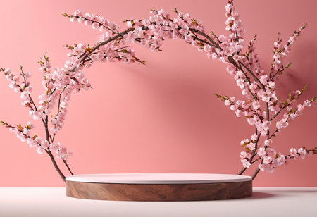 Wooden podium and cherry blossom branches on pink background. 3d renderの素材
