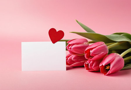 Bouquet of pink tulips with card and heart on pink backgroundの素材