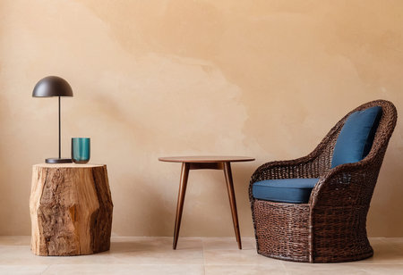 Comfortable wicker armchair, table and lamp in modern interiorの素材
