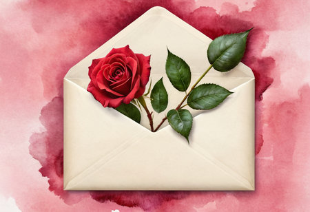 Envelope with red rose on watercolor background. Valentines day conceptの素材