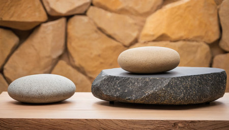 Spa stones on wooden table in front of stone wall background.の素材