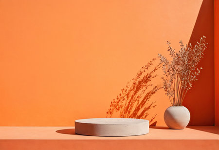 Podium for product presentation with dried flowers in vase on orange backgroundの素材